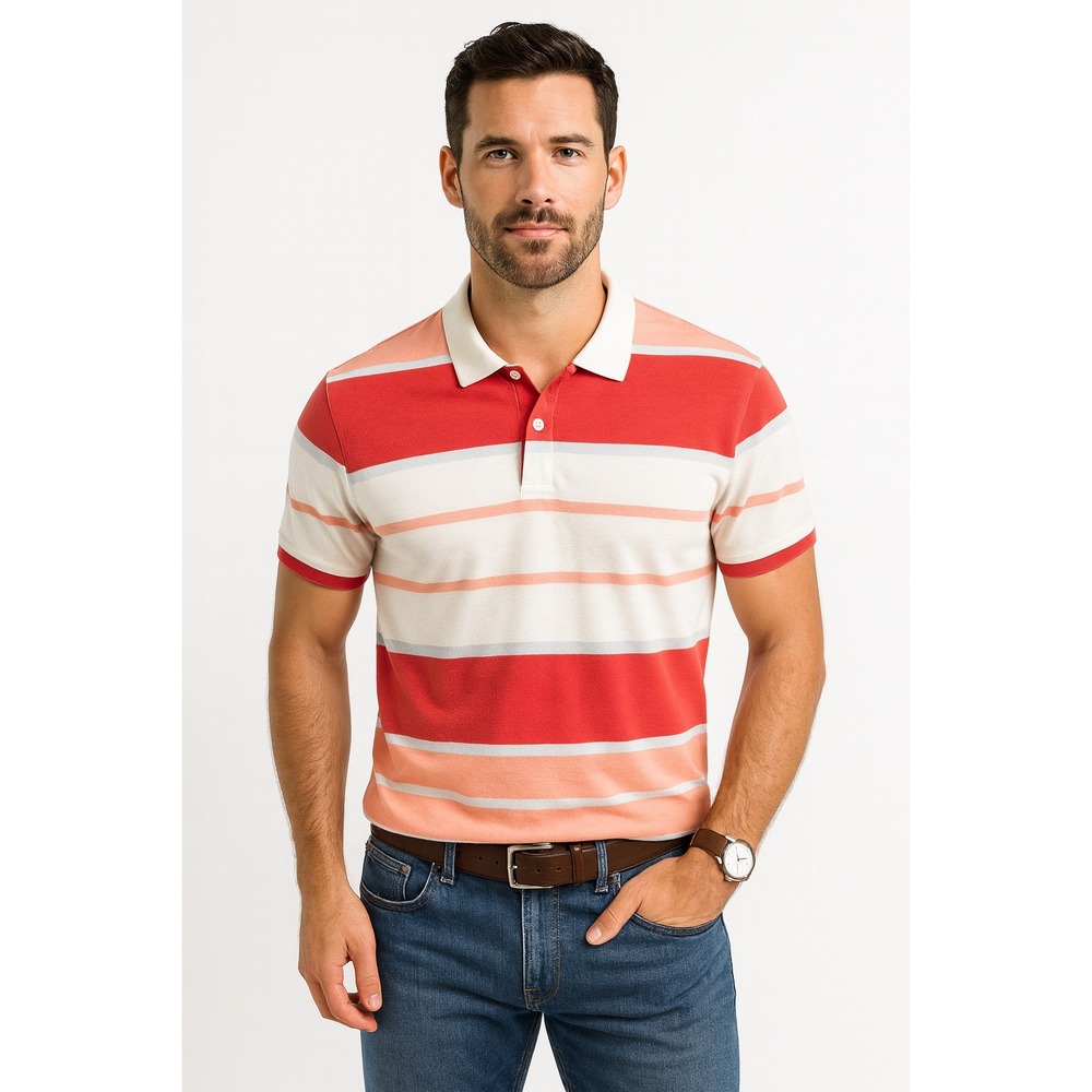 Vintage Pierre Cardin Salmon Striped‎ Polo Shirt Menswear Retro Casual Top Large